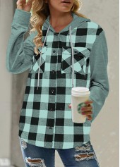 Plaid Pocket Mint Green Long Sleeve Hoodie