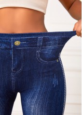 Blue Elastic Waist High Waisted Ankle Length Leggings