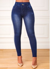 Blue Elastic Waist High Waisted Ankle Length Leggings