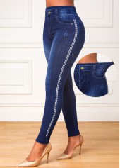 Blue Elastic Waist High Waisted Ankle Length Leggings