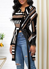 Geometric Print Split Black Asymmetrical Neck T Shirt