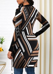 Geometric Print Split Black Asymmetrical Neck T Shirt