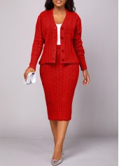 Red Button Long Sleeve Top and Skirt