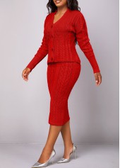 Red Button Long Sleeve Top and Skirt