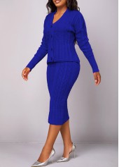 Dark Blue Button Long Sleeve Top and Skirt