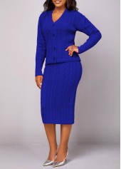 Dark Blue Button Long Sleeve Top and Skirt