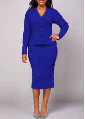 Dark Blue Button Long Sleeve Top and Skirt