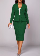 Blackish Green Button Long Sleeve Top and Skirt