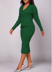 Blackish Green Button Long Sleeve Top and Skirt