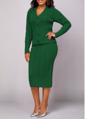 Blackish Green Button Long Sleeve Top and Skirt