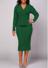 Blackish Green Button Long Sleeve Top and Skirt