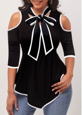 Lace Black 3/4 Sleeve Tie Collar T Shirt