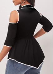 Lace Black 3/4 Sleeve Tie Collar T Shirt