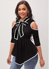 Lace Black 3/4 Sleeve Tie Collar T Shirt