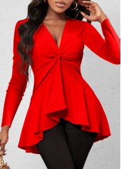 Twist V Neck Red Long Sleeve T Shirt