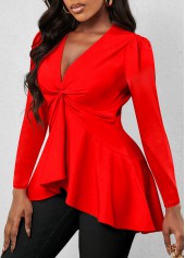 Twist V Neck Red Long Sleeve T Shirt