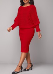 Boat Neck Red Long Sleeve Bodycon Dress