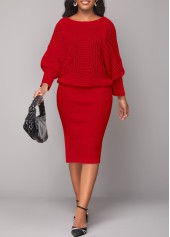 Boat Neck Red Long Sleeve Bodycon Dress