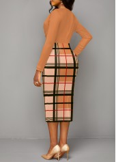 Plaid Patchwork Light Coffee V Neck Bodycon Dress
