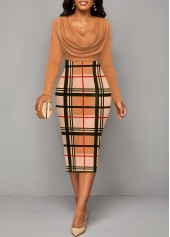 Plaid Patchwork Light Coffee V Neck Bodycon Dress