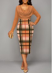 Plaid Patchwork Light Coffee V Neck Bodycon Dress