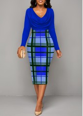 Plaid Patchwork Royal Blue V Neck Bodycon Dress
