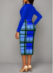 Plaid Patchwork Royal Blue V Neck Bodycon Dress