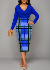 Plaid Patchwork Royal Blue V Neck Bodycon Dress