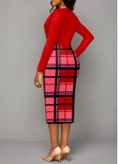 Red Plaid V Neck Long Sleeve Bodycon Dress