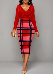 Red Plaid V Neck Long Sleeve Bodycon Dress