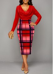 Red Plaid V Neck Long Sleeve Bodycon Dress
