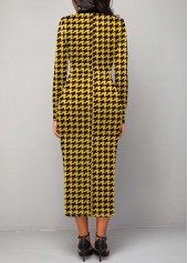 V Neck Houndstooth Print Yellow Bodycon Dress