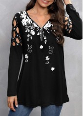Floral Print Zipper Black V Neck T Shirt