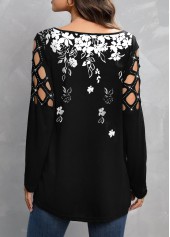 Floral Print Zipper Black V Neck T Shirt