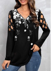Floral Print Zipper Black V Neck T Shirt