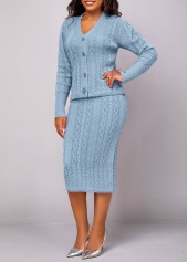 Dusty Blue Button Long Sleeve Top and Skirt