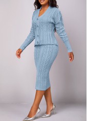 Dusty Blue Button Long Sleeve Top and Skirt