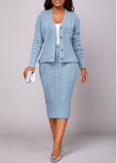 Dusty Blue Button Long Sleeve Top and Skirt