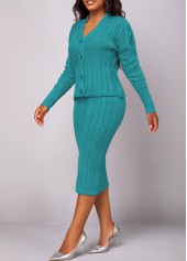 Peacock Blue Button Long Sleeve Top and Skirt