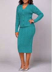 Peacock Blue Button Long Sleeve Top and Skirt