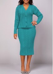 Peacock Blue Button Long Sleeve Top and Skirt
