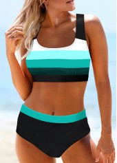 Striped Patchwork Wide Strap Cyan Bikini Set