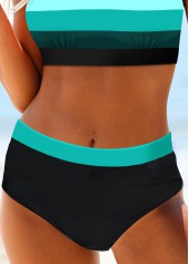 Striped Patchwork Wide Strap Cyan Bikini Set