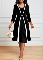 Pleated Hem Black Square Neck Dress