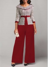 Wine Red Ankle Length Embroidery V Neck Jumpsuit
