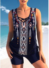 Tribal Print Criss Cross Navy Tankini Set