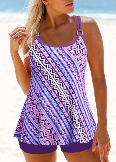 Geometric Print Metal Ring Purple Tankini Top