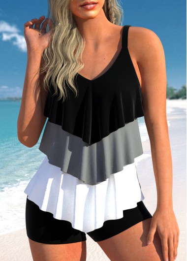 Contrast Handkerchief Hem Black Tankini Set
