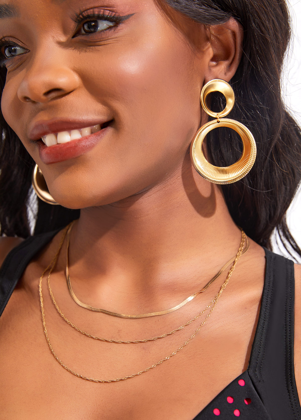 Double Circle Design Gold Metal Detail Earrings