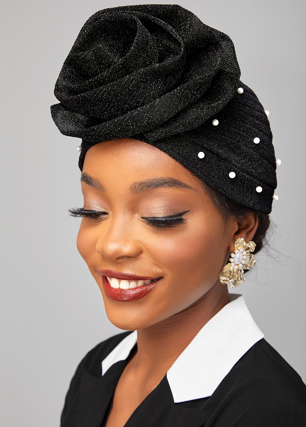 Floral Design Black Pearl Turban Hat